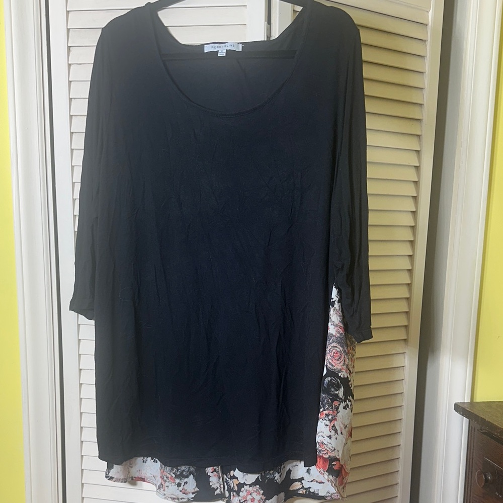 Rose & Olive Black Tunic with Floral Side & Hem Panels